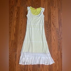 Elle White Yellow Pointelle Lace Ruffle Overlay Fit Flare Midi Dress Size M